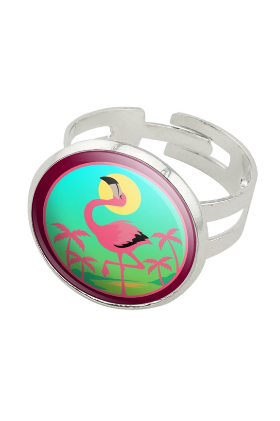 Flamingo Palm Trees Tropical Vacation Silver Plated Adjustable Novelty Ring