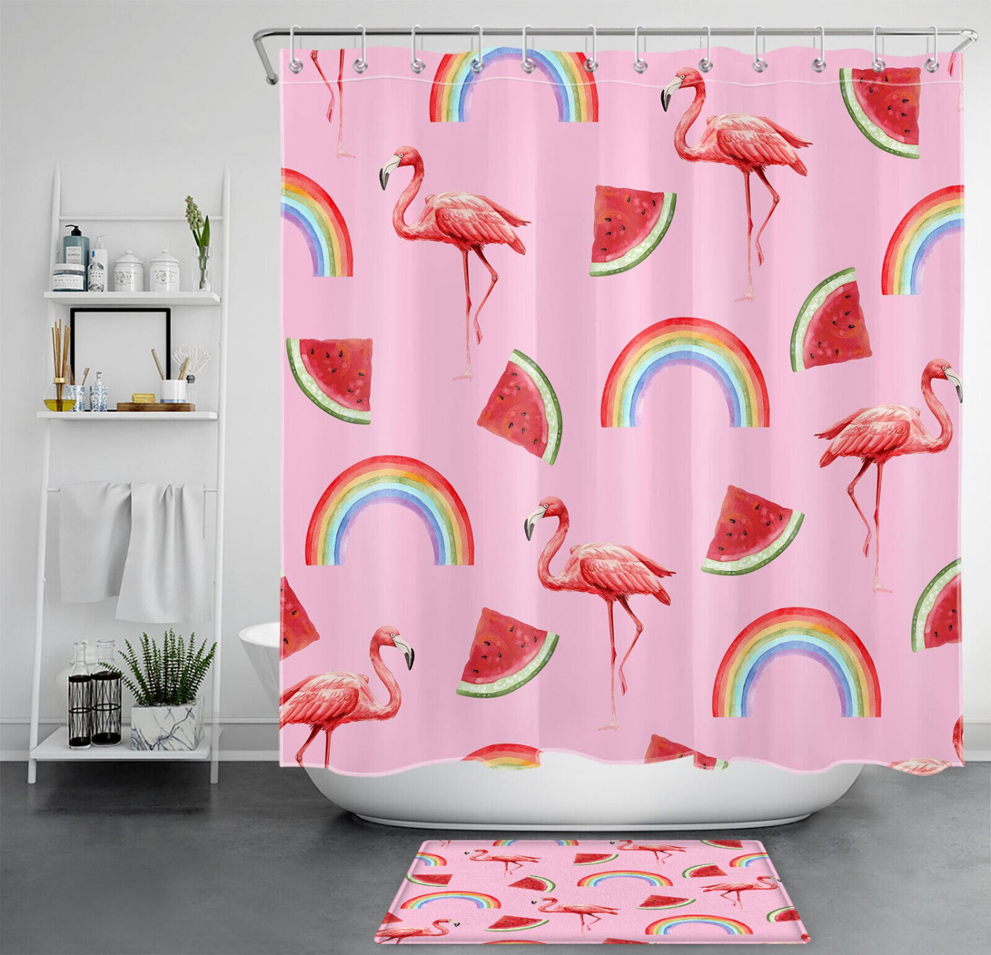Flamingo Paradise Pastel Rainbow Shower Curtain & Accessories Set
