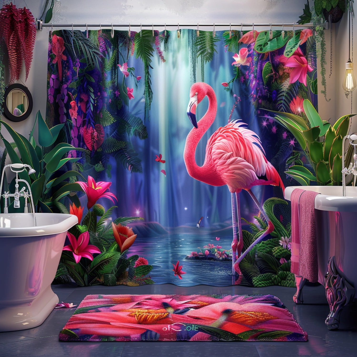 Flamingo Paradise Shower Curtain Vibrant Pink and Blue Bathroom Decor