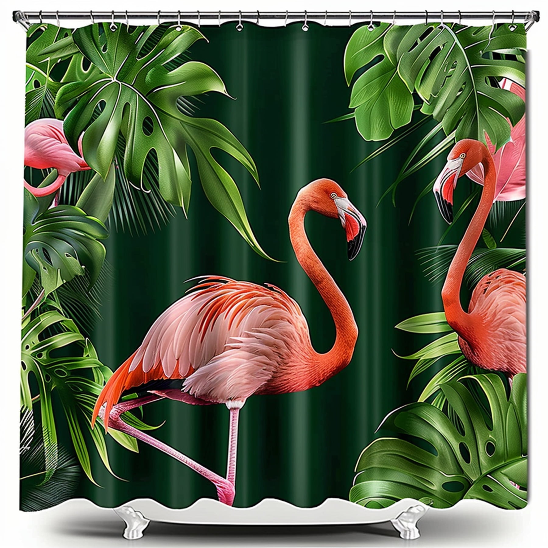 Flamingo Paradise: Tropical Leaves Shower Curtain with Vibrant Green