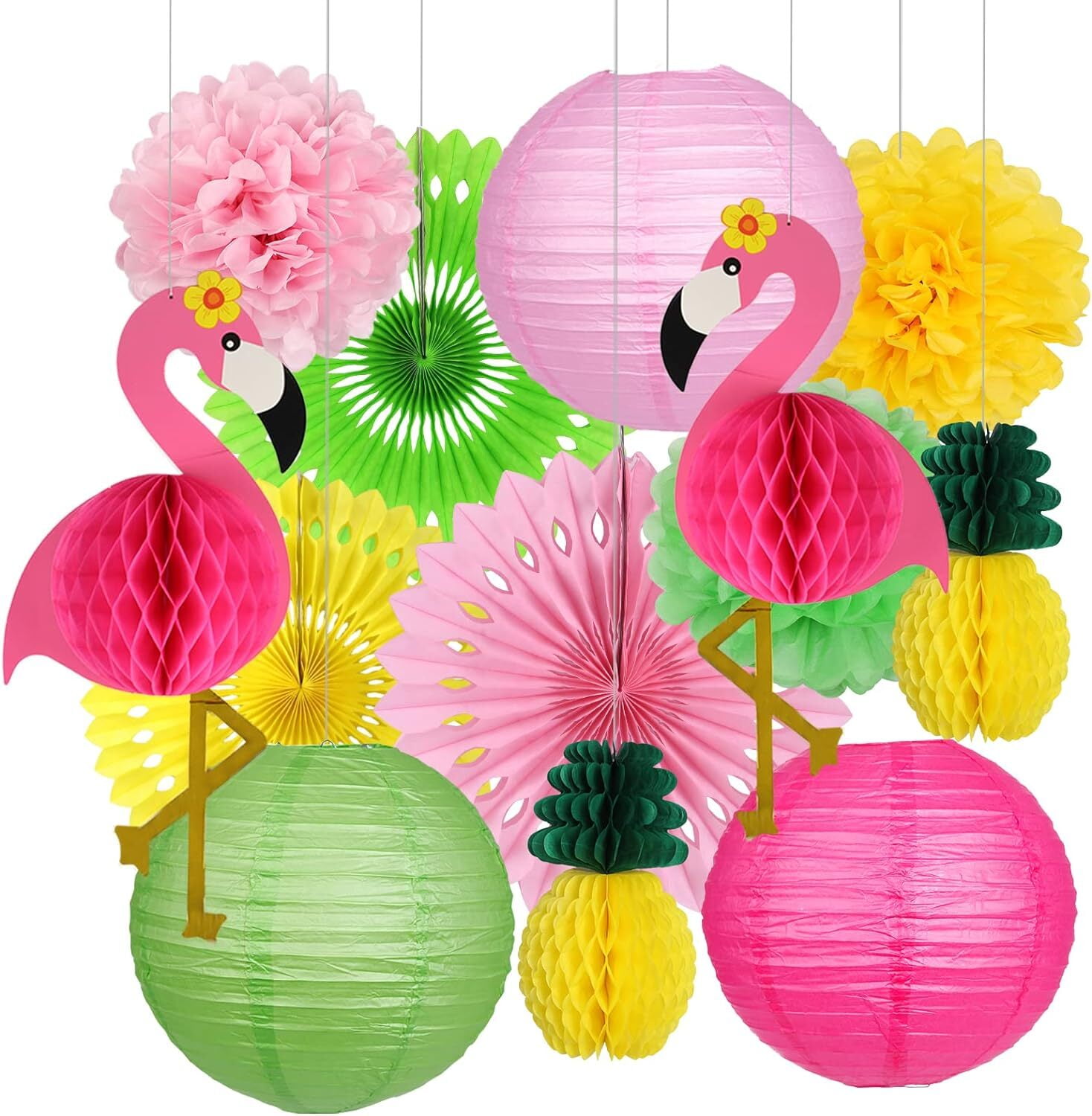 Flamingo Party Decorations, Hawaiian Party Supplies Flamingo Honeycomb Ball Paper Lanterns Tissue Paper Fan for Birthday Luau Tropical Bachelorette Party