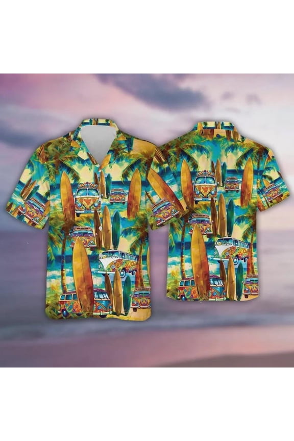, Tropical Aloha Shirts, Hawaiian Style Summer Beach Shirts, Colorful Surf Board Button Down Short Sleeve Shirt.