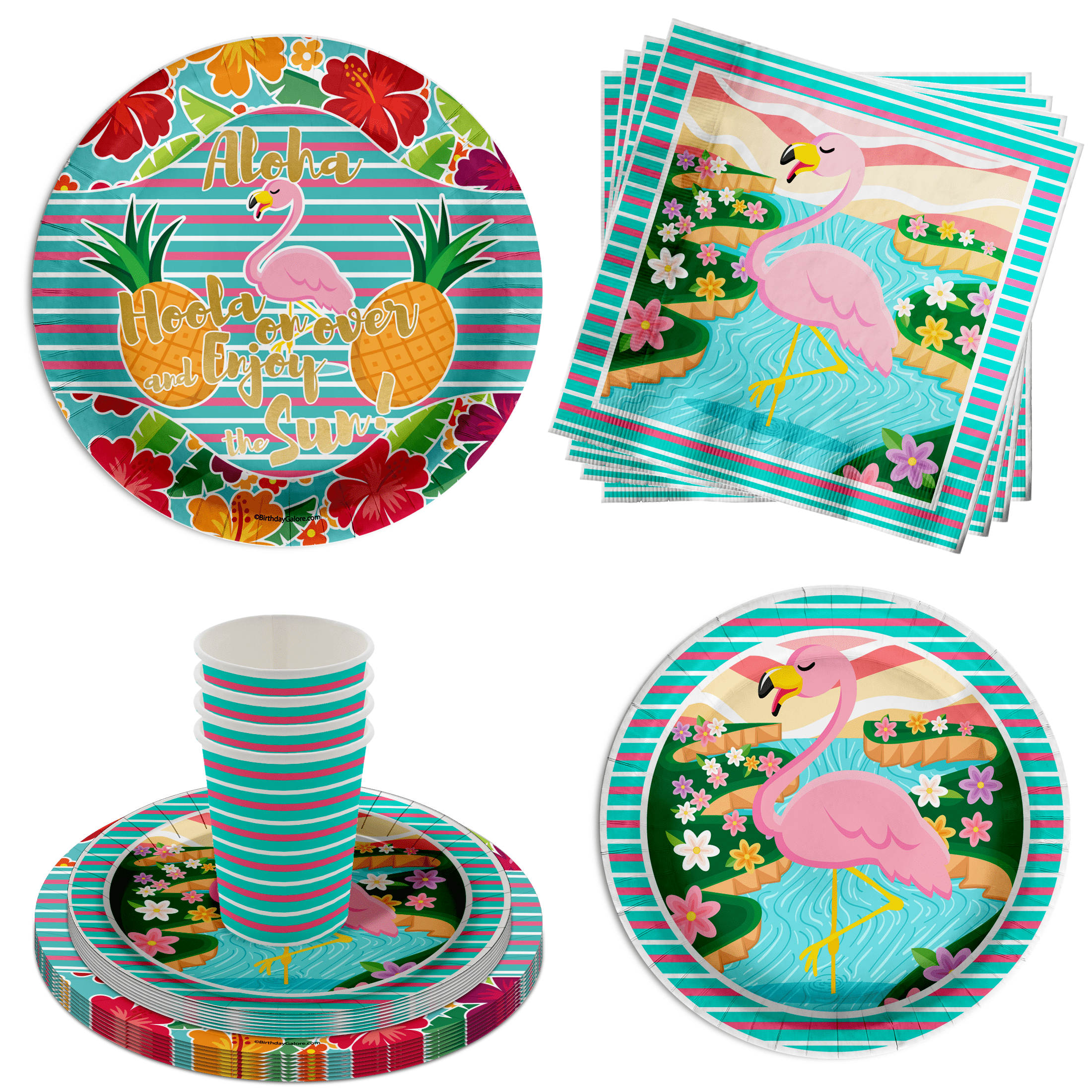 Flamingo Party Supplies - Luau Party Supplies - Hawaiian Luau Party Supplies - Summer Party Supplies 64 Piece Tableware Set Includes Large 9" Paper Plates Dessert Plates, Cups and Napkins Kit for 16
