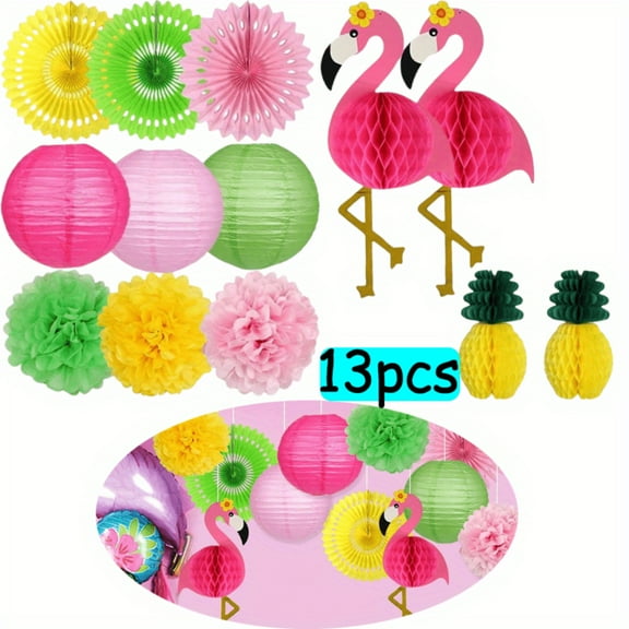 Flamingo Party Supplies, Tropical Hawaiian Decorations Kit with Pineapple Honeycomb Ball, Paper Lanterns, Fans, Pom Poms for Luau, Birthday & Bachelorette Party