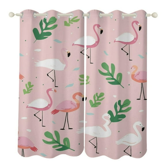 Flamingo Pattern 2 Panel Curtain Set, Watercolor Painting Window Treatment Living Room Bedroom Decor