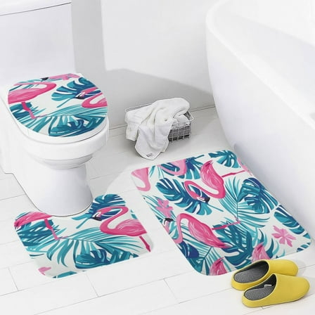 Flamingo Pattern Bathroom Rug Set of 3, No Silp Washable Cover Floor Rug Decorations for Kitchen Bathroom Bedroom