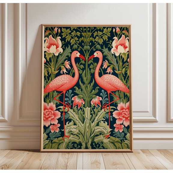 Flamingo Pattern Botanical Textile Wall Art Floral Bird Symmetry Print