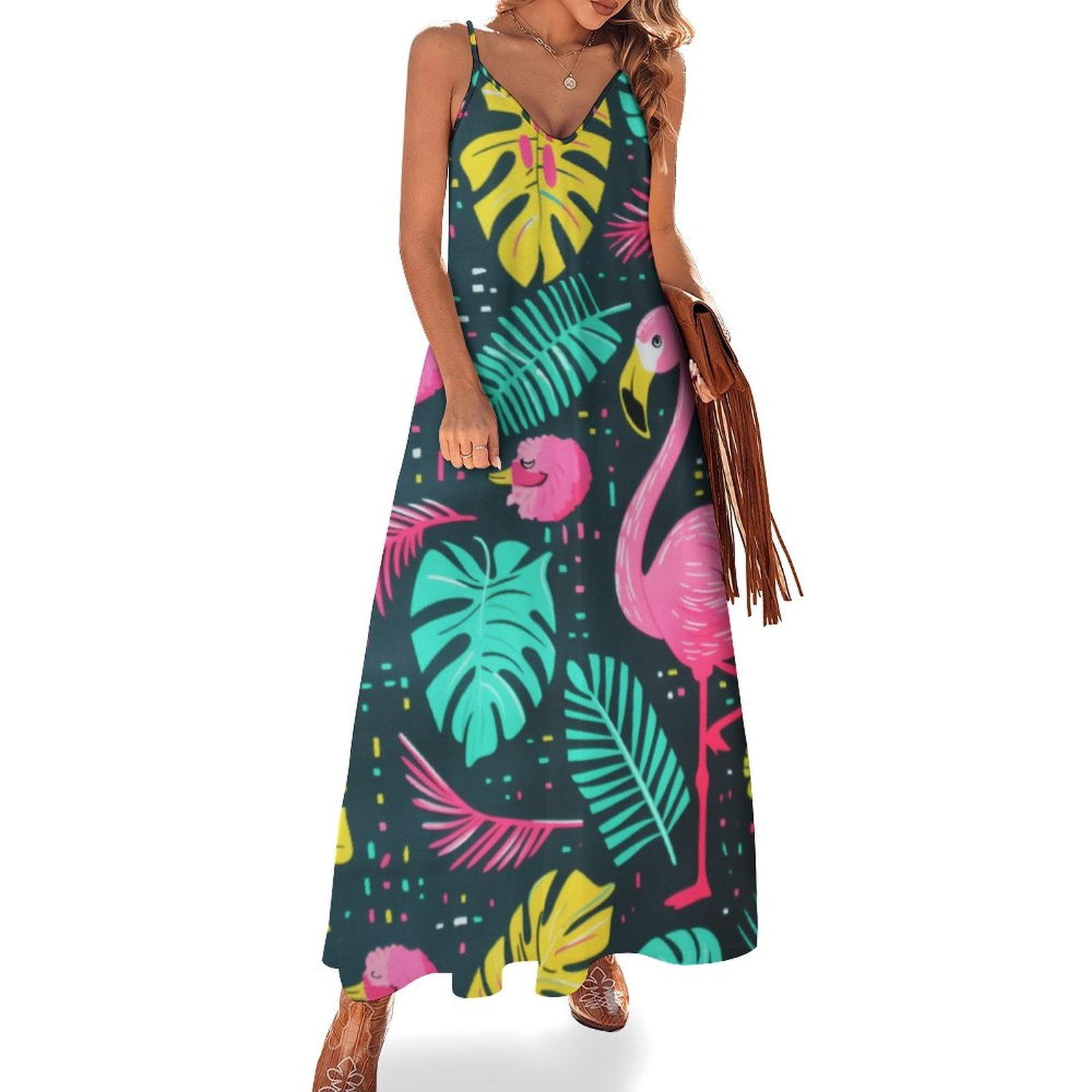 OU Premium Design Flamingo Pattern Design Sleeveless Dress Woman Fashion Long Dresses Women's Summer Suit Dress 2025, Size: 4XL OU Premium Design Flamingo Pattern Design Sleeveless Dress Woman Fashion Long Dresses Women's Summer Suit Dress 2025, Size: 4XL