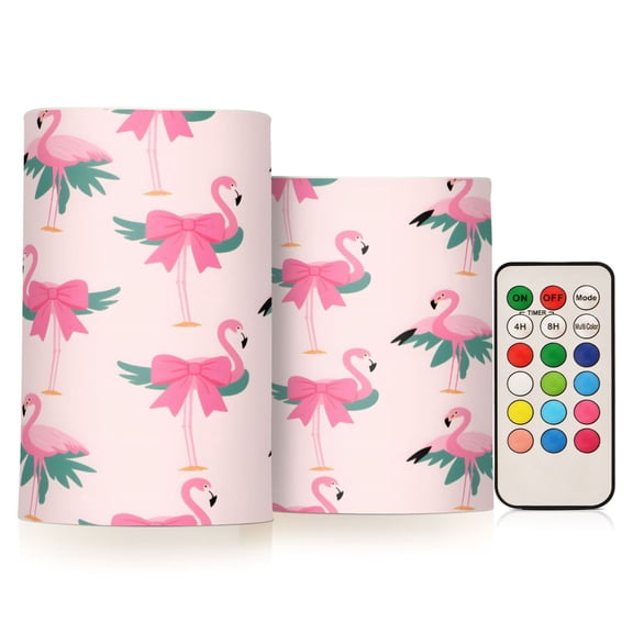 Flamingo Pattern Flameless LED Candle Set with Remote, Battery Operated Color Changing Pillar Candles, Set of 2