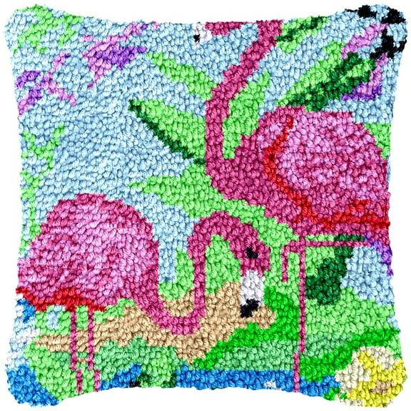 Flamingo Pattern Latch Hook Kits Pillow Cover DIY Rug Making Crochet Hook Cushion Making Kits with Preprinted Pattern Canvas DIY Needlework Crochet Kits Sofa Decor 43x43cm