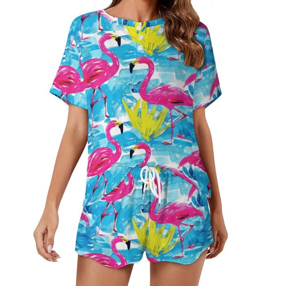 Flamingo Pattern Pajama Set for Women 2 Piece Sleepwear Loungewear Short Sleeve