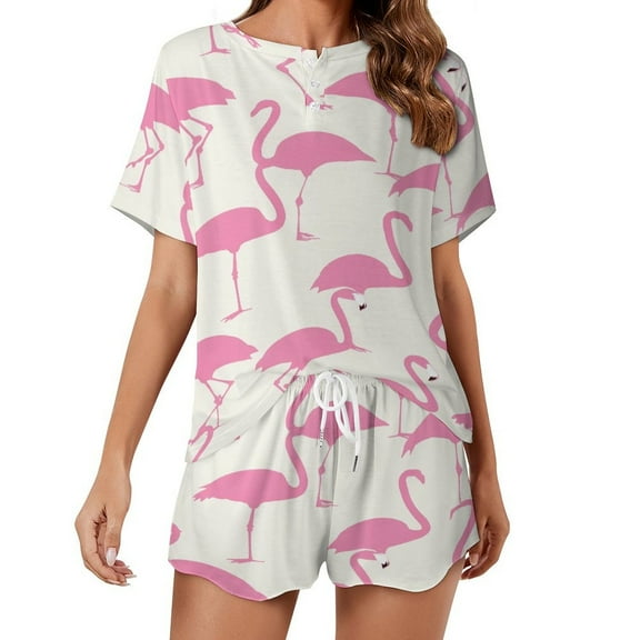 Flamingo Pattern Pajama Set for Women 2 Piece Sleepwear Loungewear Short Sleeve