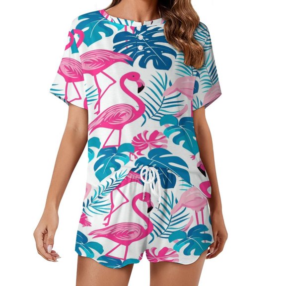 Flamingo Pattern Pajama Set for Women 2 Piece Sleepwear Loungewear Short Sleeve