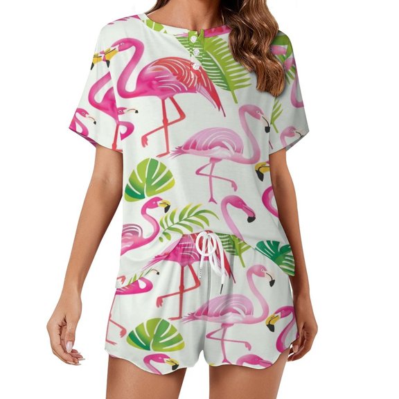 Flamingo Pattern Pajama Set for Women 2 Piece Sleepwear Loungewear Short Sleeve