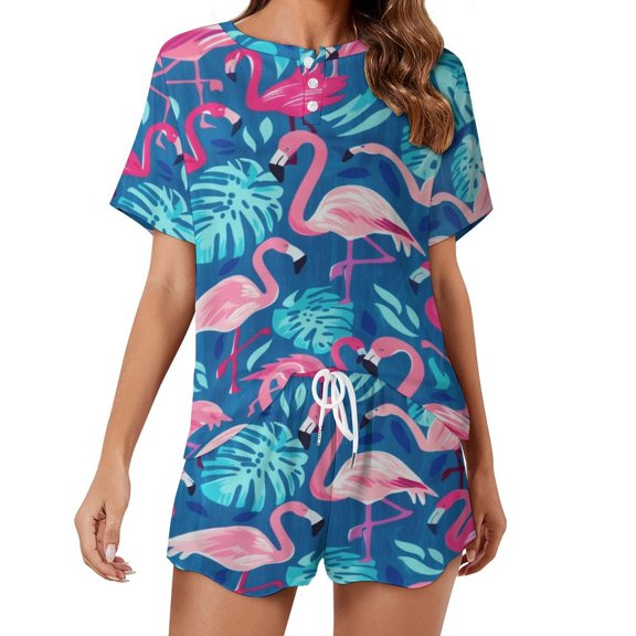 Flamingo Pattern Pajama Set for Women 2 Piece Sleepwear Loungewear Short Sleeve