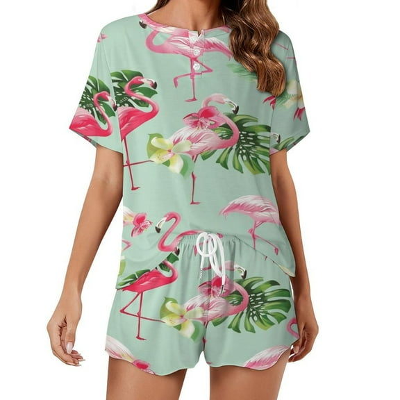 Flamingo Pattern Pajamas Set Womens Loungewear Sleepwear 2 Piece PJ Sets