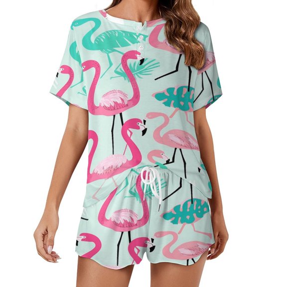 Flamingo Pattern Pajamas Set Womens Loungewear Sleepwear 2 Piece PJ Sets
