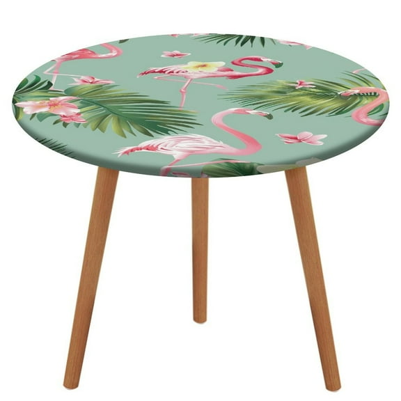 Flamingo Pattern Round Fitted Tablecloth with Flannel Backing Elastic Table Cloth Waterproof Oil-Proof Plastic Table Cover Table Up 40"-54" Diameter)