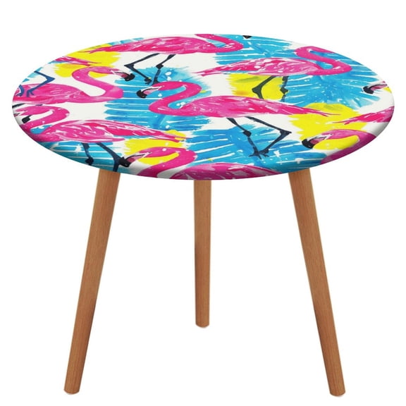 Flamingo Pattern Round Fitted Tablecloth with Flannel Backing Elastic Table Cloth Waterproof Oil-Proof Plastic Table Cover Table Up 40"-54" Diameter)