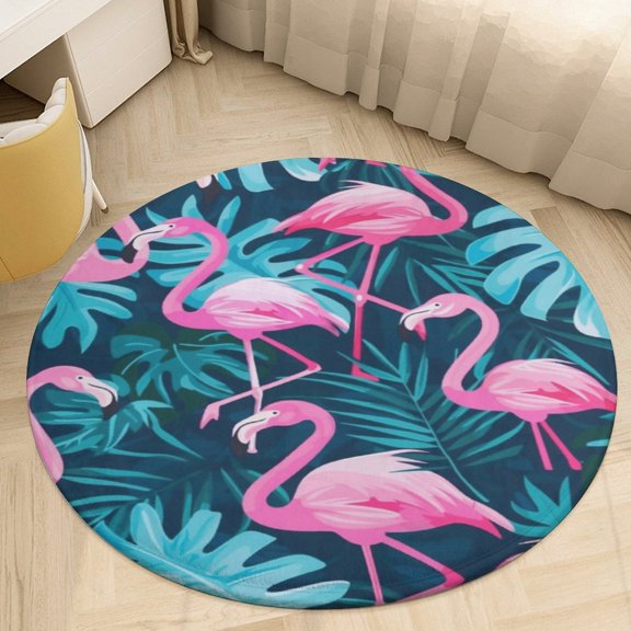 Flamingo Pattern Round Rugs -Washable Non-Slip Small Round Area Rug Throw Soft Circle Rugs for Bedroom, Modern Print Indoor Carpet for Entryway Sofa Living Room