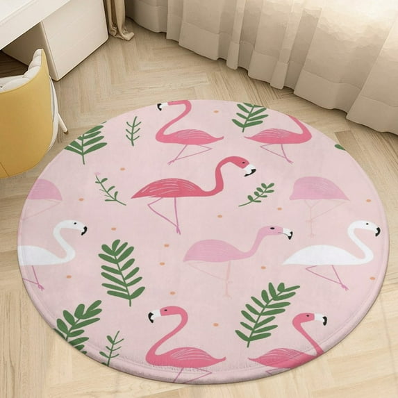 Flamingo Pattern Round Small Area Rug, Print Non Slip Washable Floor Mat, Soft Throw Rug for Living Room, Powder Room Entryway, Bathroom, Bedside