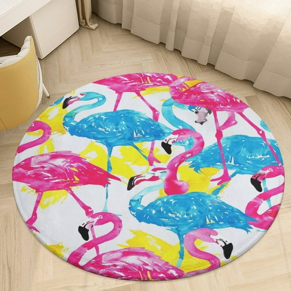 Flamingo Pattern Soft Bedroom Round Area Rug, Washable Cute Nursery Circle Throw Mat, Non-Slip Contemporary Small Low Pile Floor Carpet for Dorm Bedside