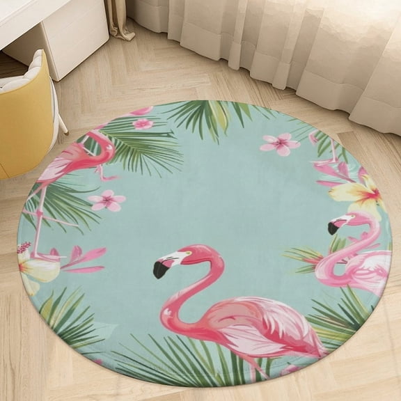 Flamingo Pattern Soft Bedroom Round Area Rug, Washable Cute Nursery Circle Throw Mat, Non-Slip Contemporary Small Low Pile Floor Carpet for Dorm Bedside