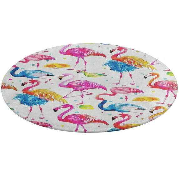 Flamingo Pattern Washable Round Rug -Circle Area Rugs for Nursery Bedroom, Vintage Non Slip Non Shedding Low Pile Carpet for Living Room Coffee Table Entryway
