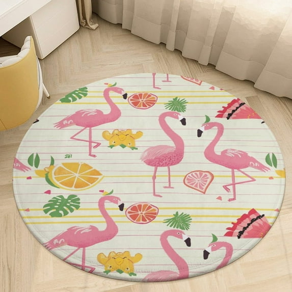 Flamingo Pattern Washable Round Rug -Circle Area Rugs for Nursery Bedroom, Vintage Non Slip Non Shedding Low Pile Carpet for Living Room Coffee Table Entryway