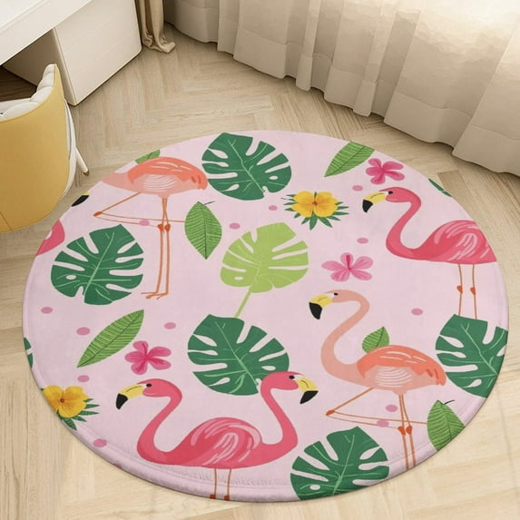 Flamingo Pattern Washable Round Rug -Circle Area Rugs for Nursery Bedroom, Vintage Non Slip Non Shedding Low Pile Carpet for Living Room Coffee Table Entryway