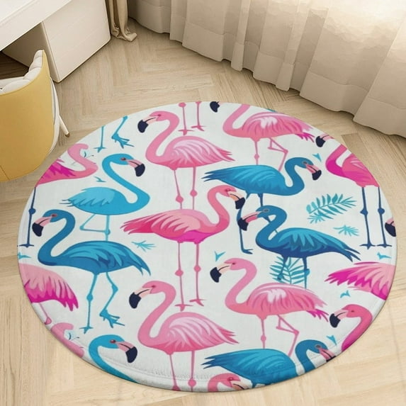 Flamingo Pattern Washable Round Rug -Circle Area Rugs for Nursery Bedroom, Vintage Non Slip Non Shedding Low Pile Carpet for Living Room Coffee Table Entryway