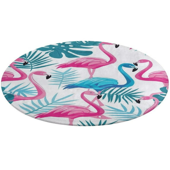 Flamingo Pattern Washable Round Rug -Circle Area Rugs for Nursery Bedroom, Vintage Non Slip Non Shedding Low Pile Carpet for Living Room Coffee Table Entryway