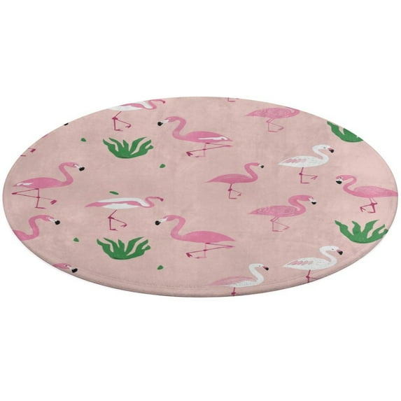 Flamingo Pattern Washable Round Rug -Circle Area Rugs for Nursery Bedroom, Vintage Non Slip Non Shedding Low Pile Carpet for Living Room Coffee Table Entryway
