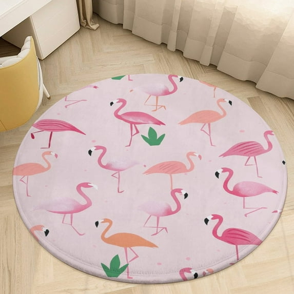 Flamingo Pattern Washable Round Rug -Circle Area Rugs for Nursery Bedroom, Vintage Non Slip Non Shedding Low Pile Carpet for Living Room Coffee Table Entryway