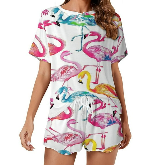 Flamingo Pattern Women's Ruffle Short Sleeve Tops And Shorts Cute Peeps Bunny Pajamas Sets