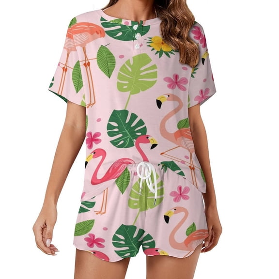 Flamingo Pattern Women's Ruffle Short Sleeve Tops And Shorts Cute Peeps Bunny Pajamas Sets