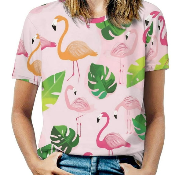 Flamingo Pattern Women's Short Sleeve T-Shirt Crew Neck Casual Summer Trendy Loose Fit Tops