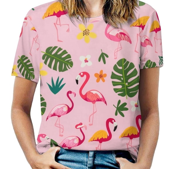 Flamingo Pattern Women's Short Sleeve T-Shirt Crew Neck Casual Summer Trendy Loose Fit Tops