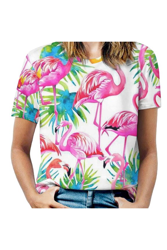 Flamingo Pattern Women's Short Sleeve Tops Casual Blouses T Shirt