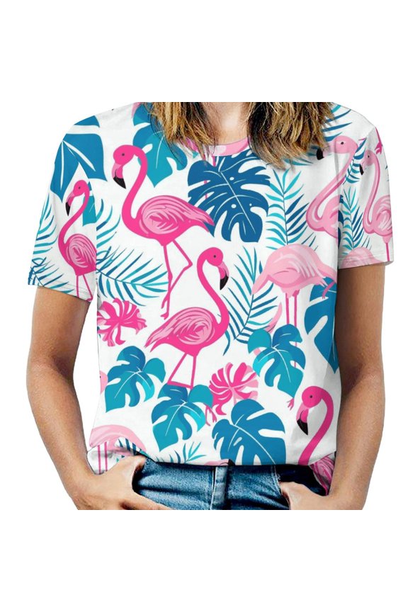 Flamingo Pattern Women's T-Shirt Short Sleeve T Shirts Tops Tee Ladies Loose T
