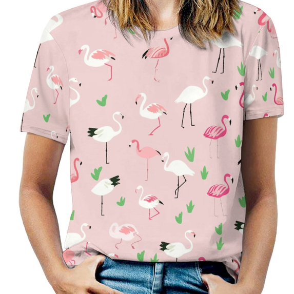 Flamingo Pattern Womens Tops Women's Fashion Casual Short Sleeve Flower Print Round Neck Pullover Top Blouse