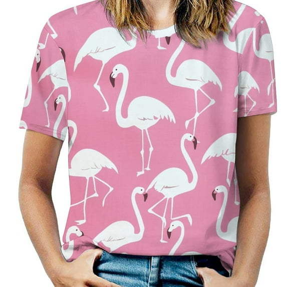 Flamingo Pattern Womens Tops Women's Fashion Casual Short Sleeve Flower Print Round Neck Pullover Top Blouse