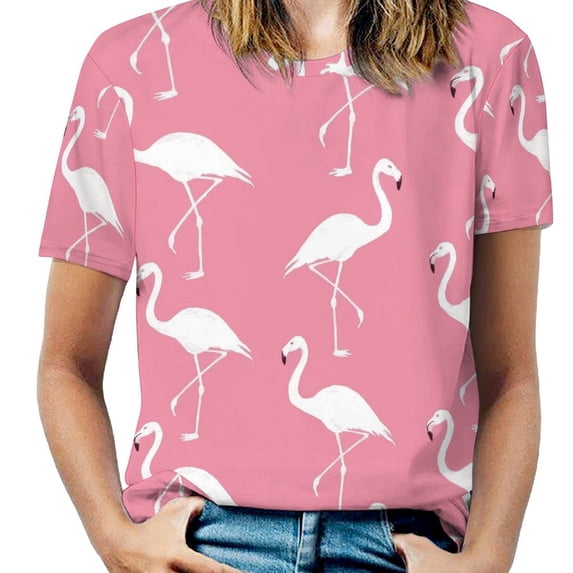 Flamingo Pattern Womens Tops Women's Fashion Casual Short Sleeve Flower Print Round Neck Pullover Top Blouse