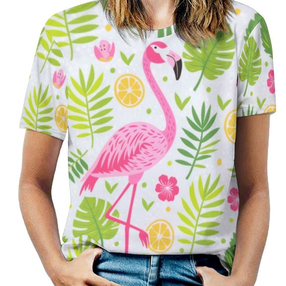 Flamingo Pattern Womens Tops Women's Fashion Casual Short Sleeve Flower Print Round Neck Pullover Top Blouse