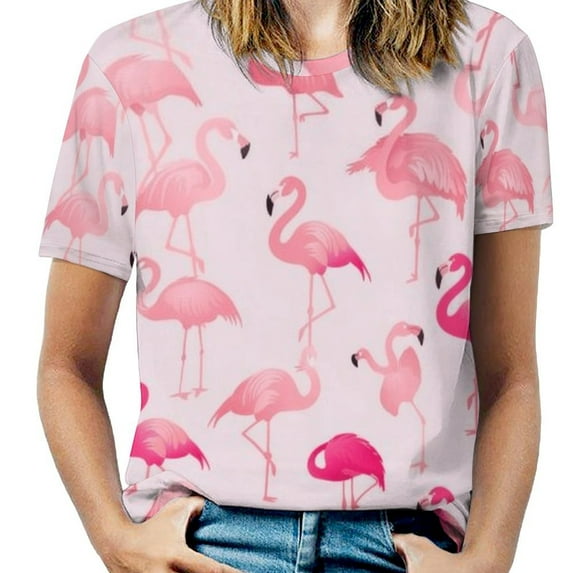 Flamingo Pattern Womens Tops Women's Fashion Casual Short Sleeve Flower Print Round Neck Pullover Top Blouse