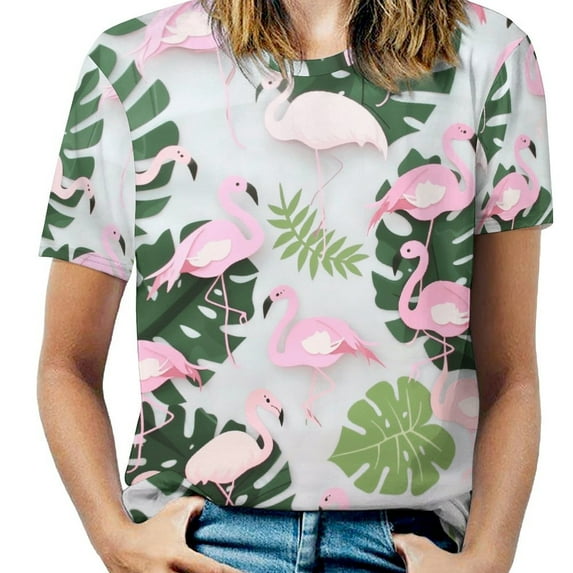 Flamingo Pattern Womens Tops Women's Fashion Casual Short Sleeve Flower Print Round Neck Pullover Top Blouse