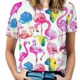 thumbnail image 1 of Flamingo Pattern Womens Tops Women's Fashion Casual Short Sleeve Flower Print Round Neck Pullover Top Blouse, 1 of 6