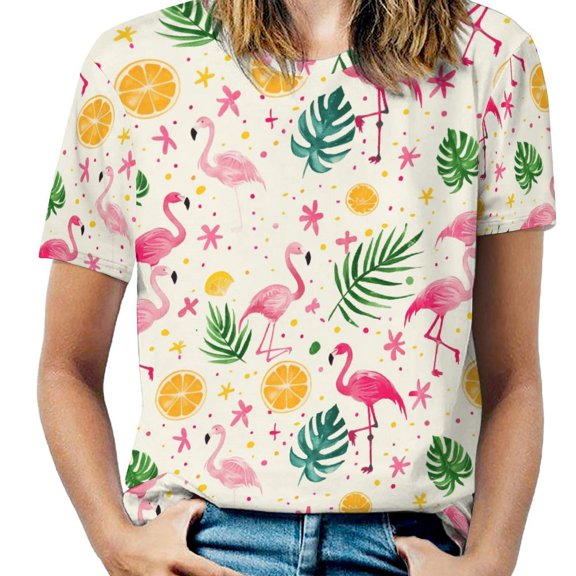 Flamingo Pattern Womens Tops Women's Fashion Casual Short Sleeve Flower Print Round Neck Pullover Top Blouse