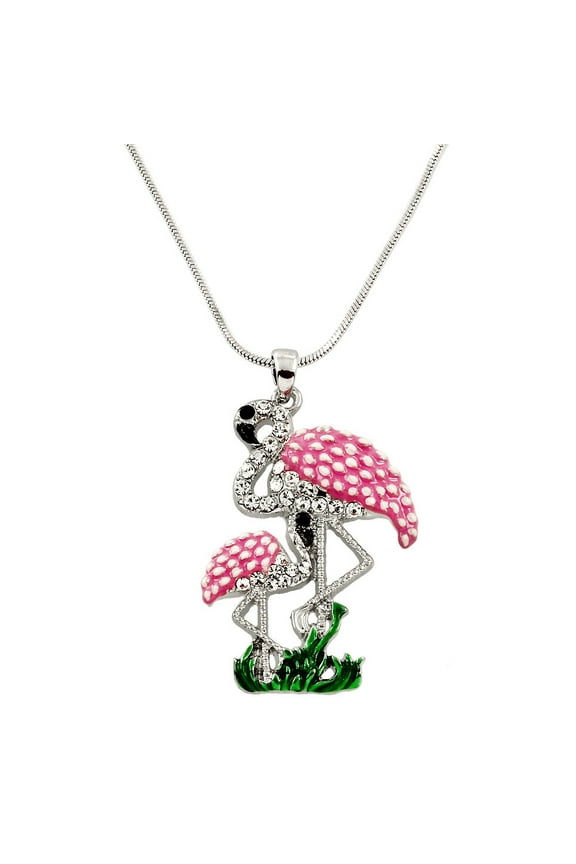 Flamingo Pendant Necklace Rhinestone Crystal Rhodium High Polished J0093