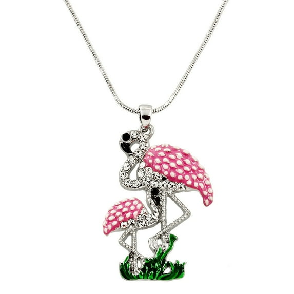 Flamingo Pendant Necklace Rhinestone Crystal Rhodium High Polished J0093